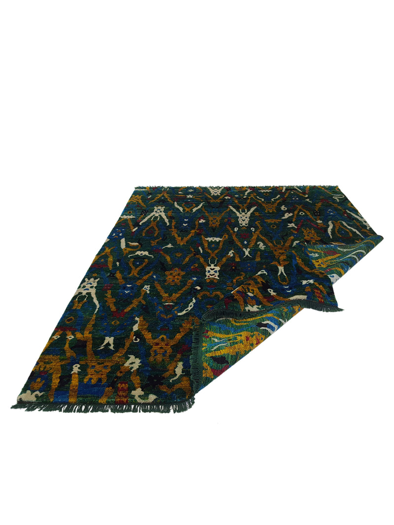Pacific Sari Silk 15463 Green Gold Transitional Hand Knotted Rug
