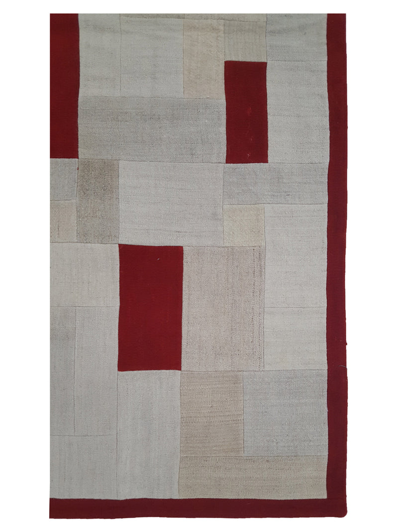 Pacific Patchwork 38129 Cream Burgundy Patchwork Hand Knotted Rug