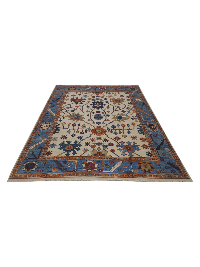Pacific Ushak Wool Weft 42361 Beige Blue Transitional Hand Knotted Rug