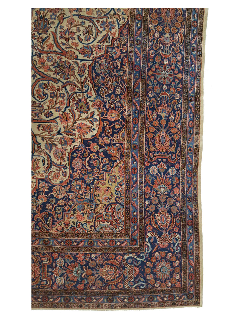 Fasa Antique Kashan 3082 Ivory Indigo Traditional Antique Rug