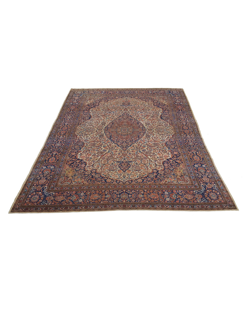 Fasa Antique Kashan 3082 Ivory Indigo Traditional Antique Rug