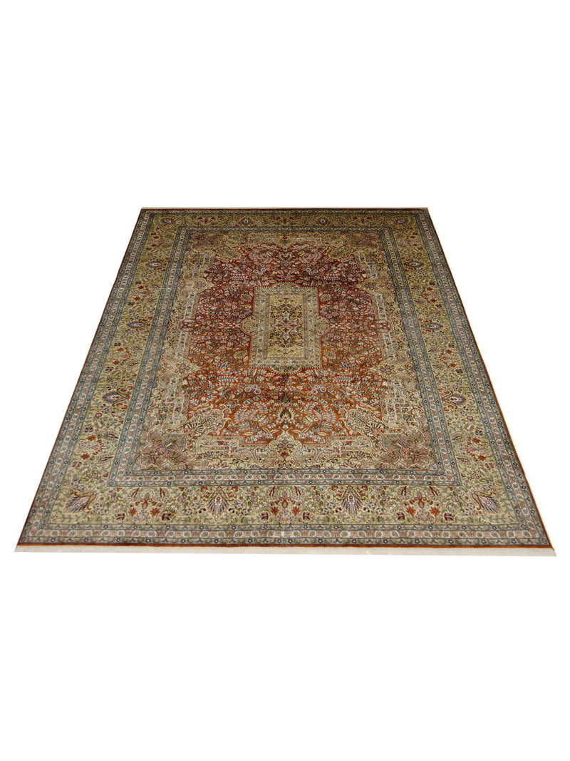 Pacific Kashmir Silk 12665 Rust Gold Traditional Hand Knotted Rug