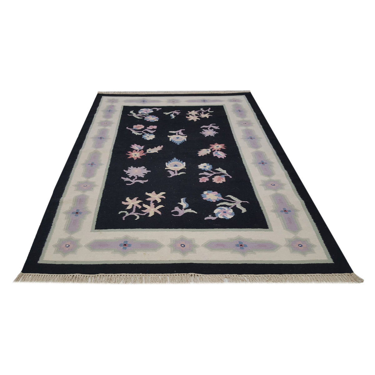 Pacific Dhurrie 14486 Black Ivory Kilim Hand Knotted Rug