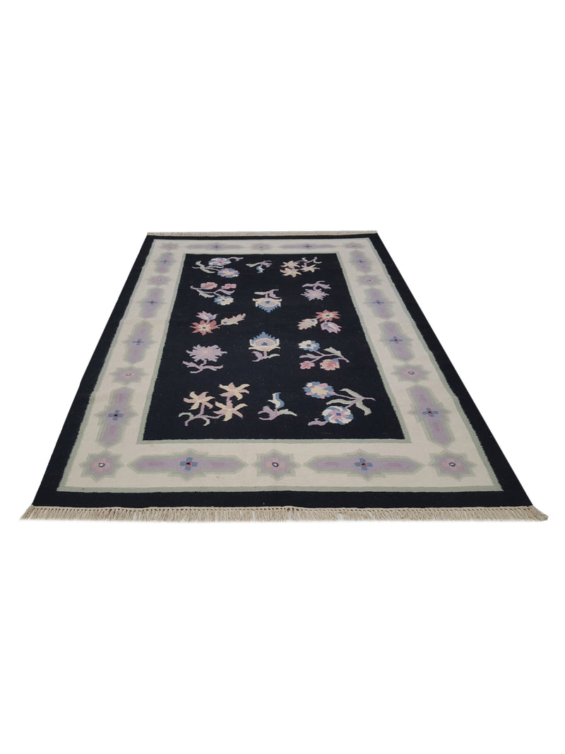 Pacific Dhurrie 14486 Black Ivory Kilim Hand Knotted Rug