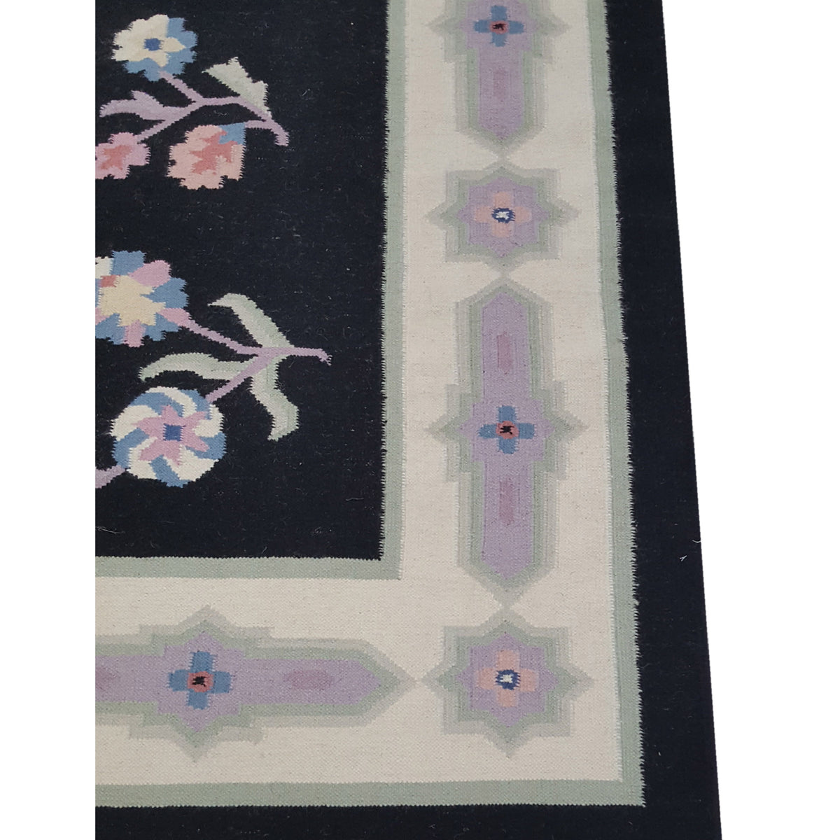 Pacific Dhurrie 14486 Black Ivory Kilim Hand Knotted Rug