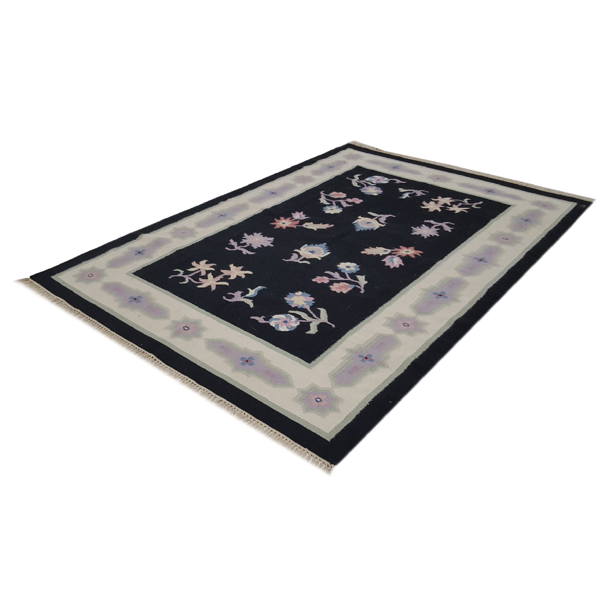 Pacific Dhurrie 14486 Black Ivory Kilim Hand Knotted Rug