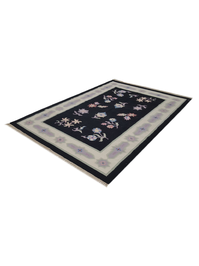 Pacific Dhurrie 14486 Black Ivory Kilim Hand Knotted Rug