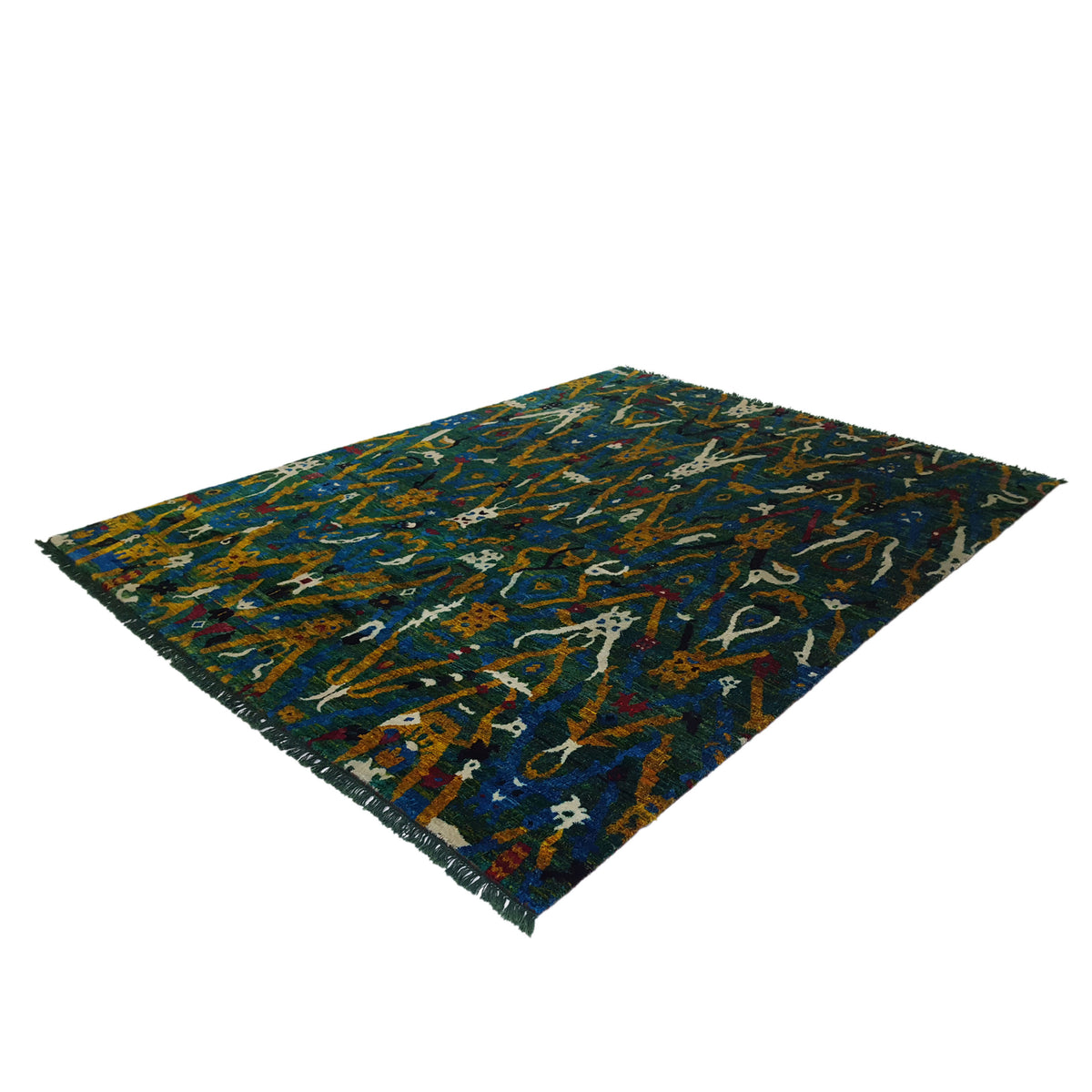 Pacific Sari Silk 15463 Green Gold Transitional Hand Knotted Rug