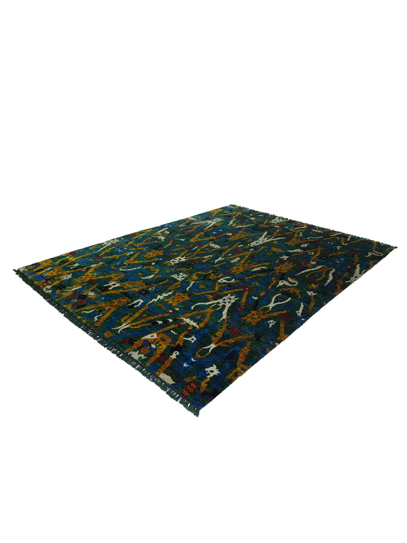 Pacific Sari Silk 15463 Green Gold Transitional Hand Knotted Rug