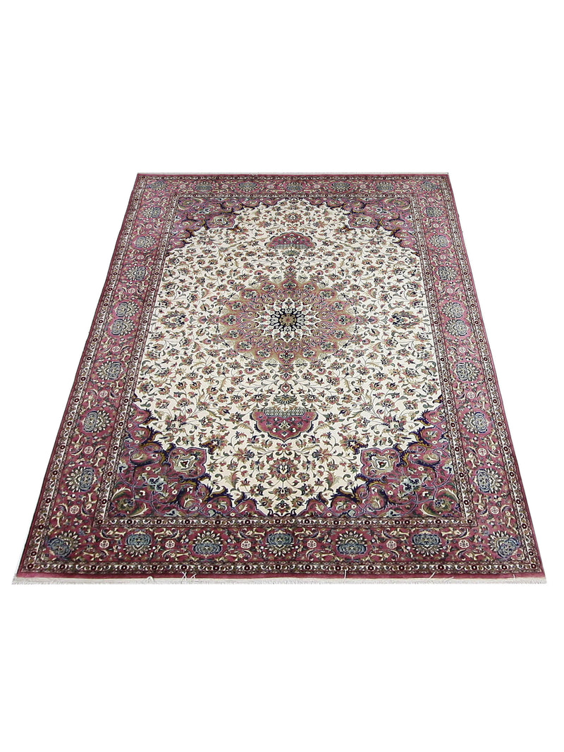 Pacific Qum Silk 16262 Ivory Pink Traditional Hand Knotted Rug