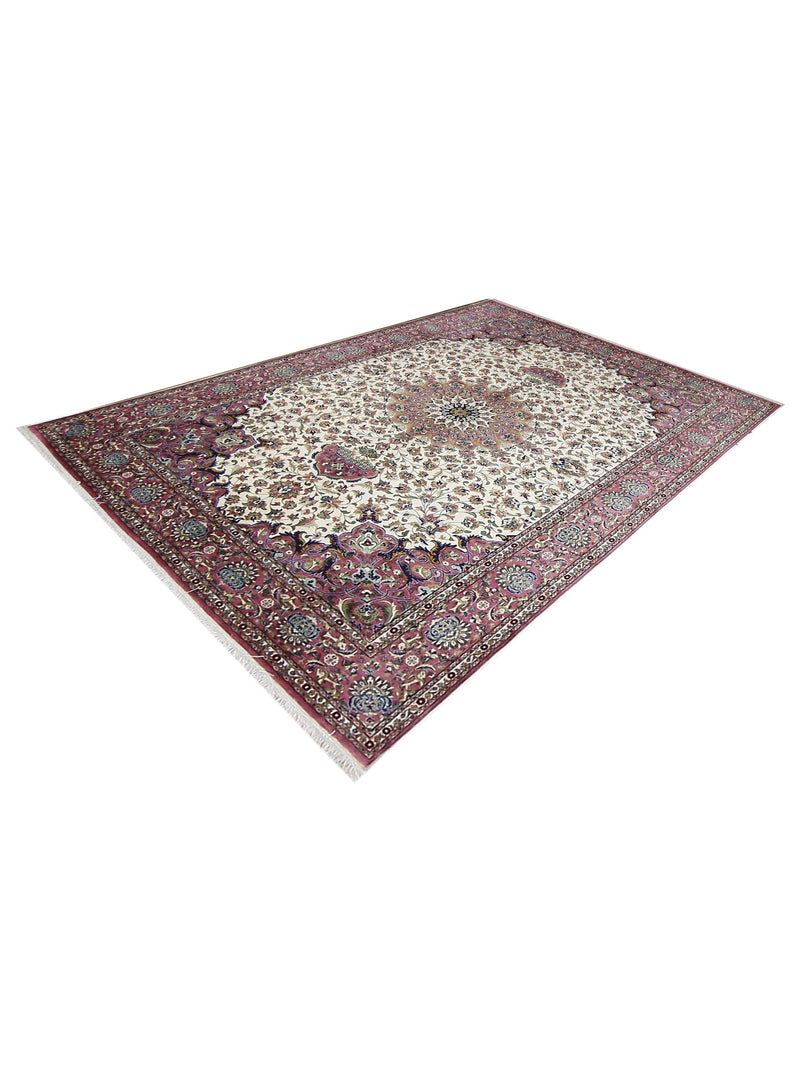 Pacific Qum Silk 16262 Ivory Pink Traditional Hand Knotted Rug