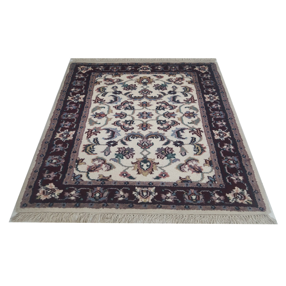 Pacific Kashan Indo 36756 Ivory Burgundy Traditional Hand Knotted Rug