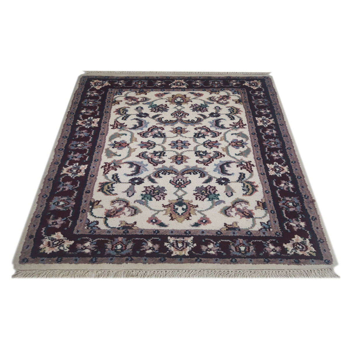 Pacific Kashan Indo 36757 Ivory Burgundy Traditional Hand Knotted Rug