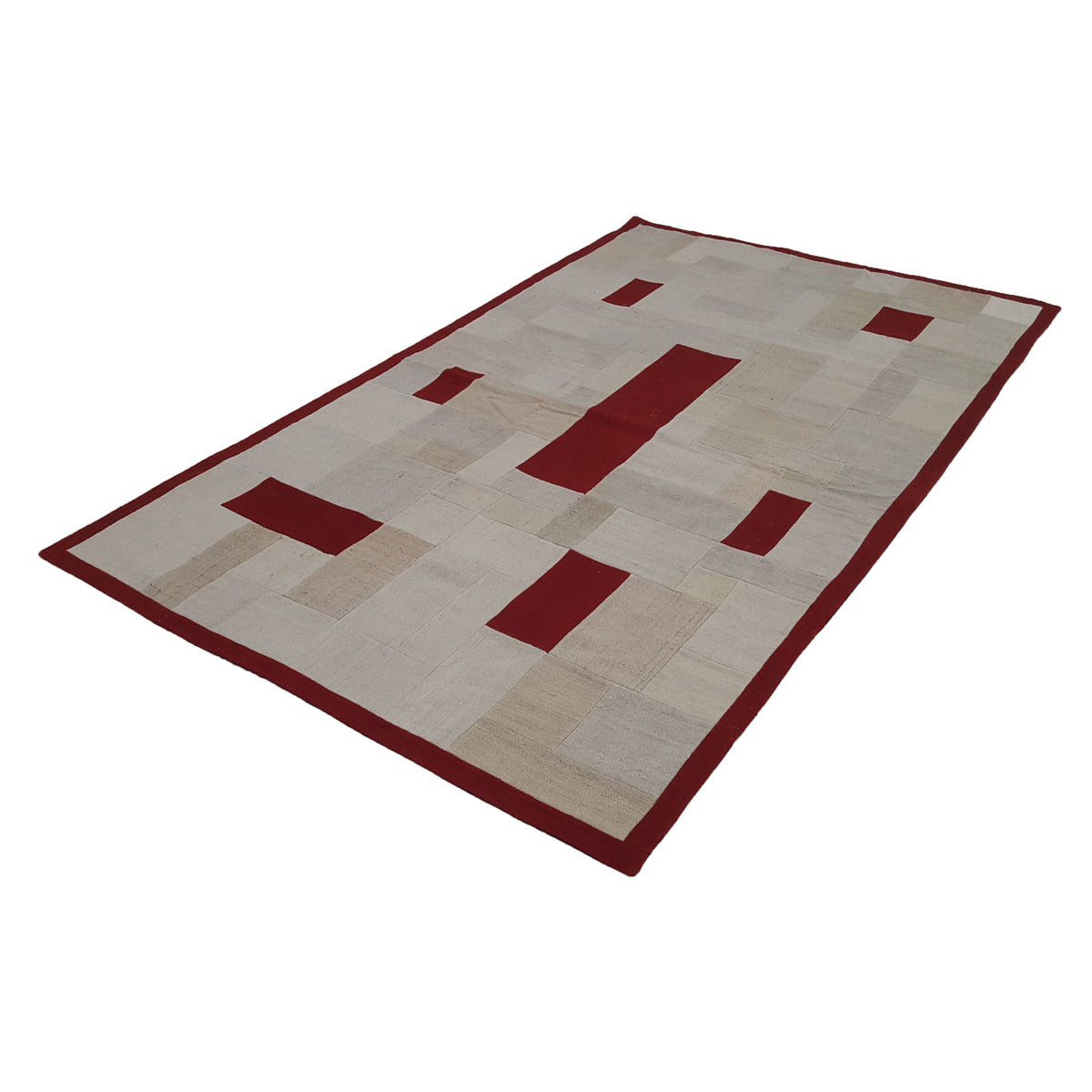 Pacific Patchwork 38129 Cream Burgundy Patchwork Hand Knotted Rug