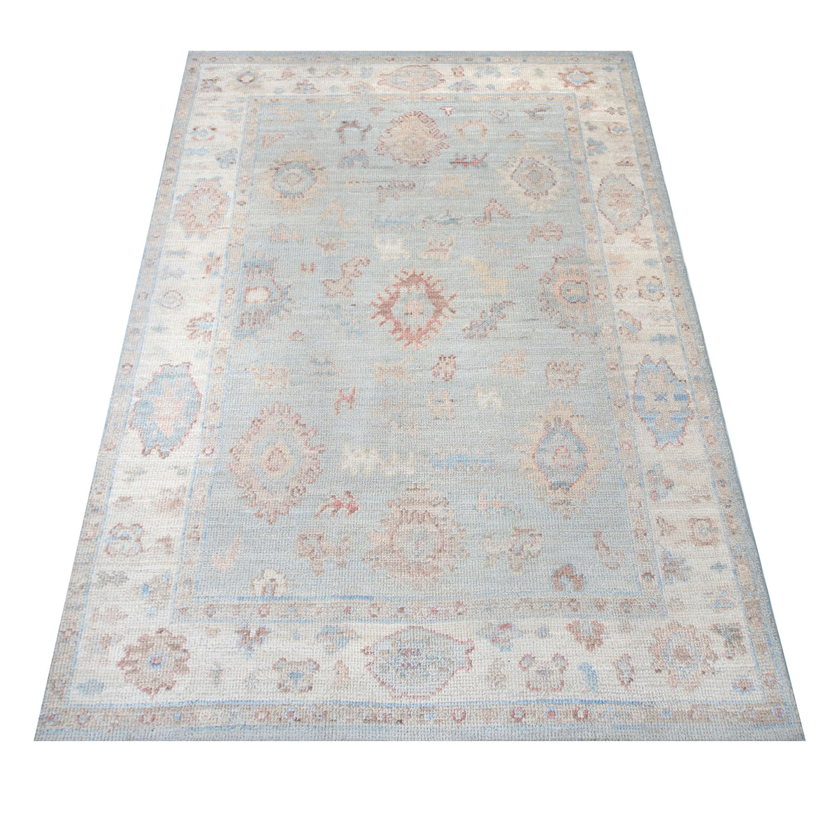 Pacific Ushak Wool Weft 42417 Turquoise Ivory Transitional Hand Knotted Rug