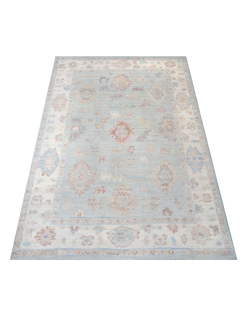 Pacific Ushak Wool Weft 42417 Turquoise Ivory Transitional Hand Knotted Rug