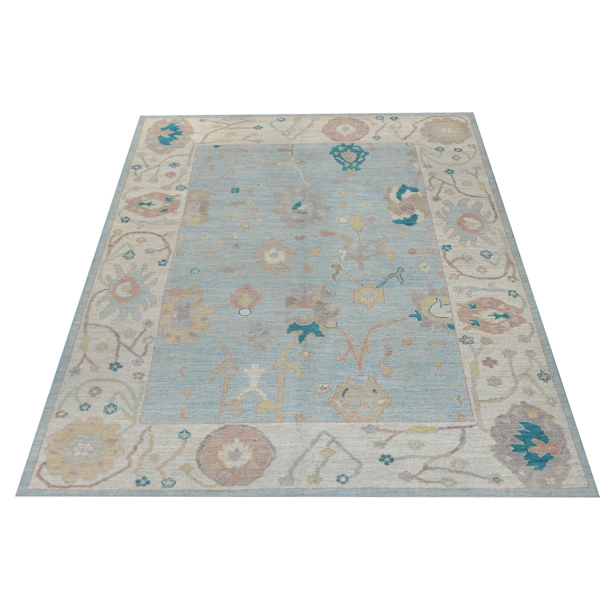 Pacific Ushak Wool Weft 42467 Turquoise Ivory Transitional Hand Knotted Rug