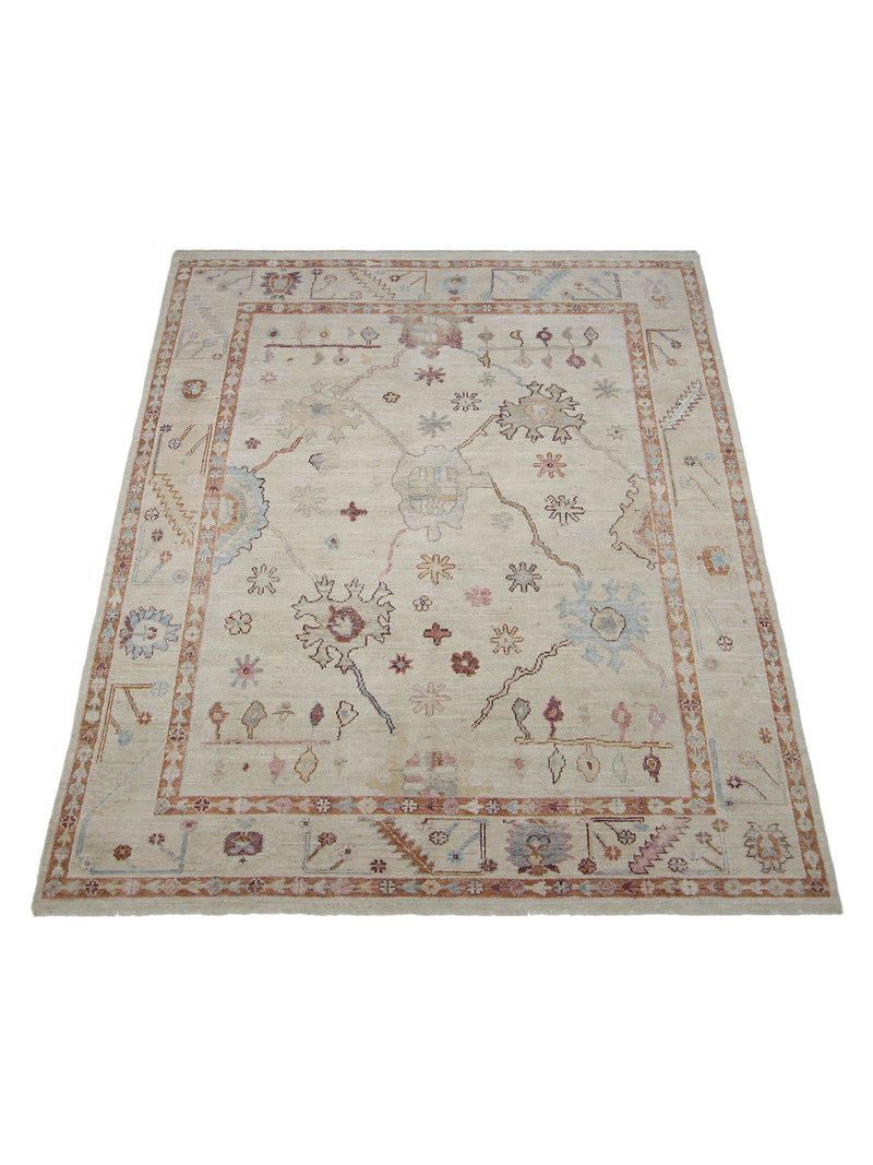 Pacific Ushak Wool Weft 042504 Beige Sandy Brown Transitional Hand Knotted Rug