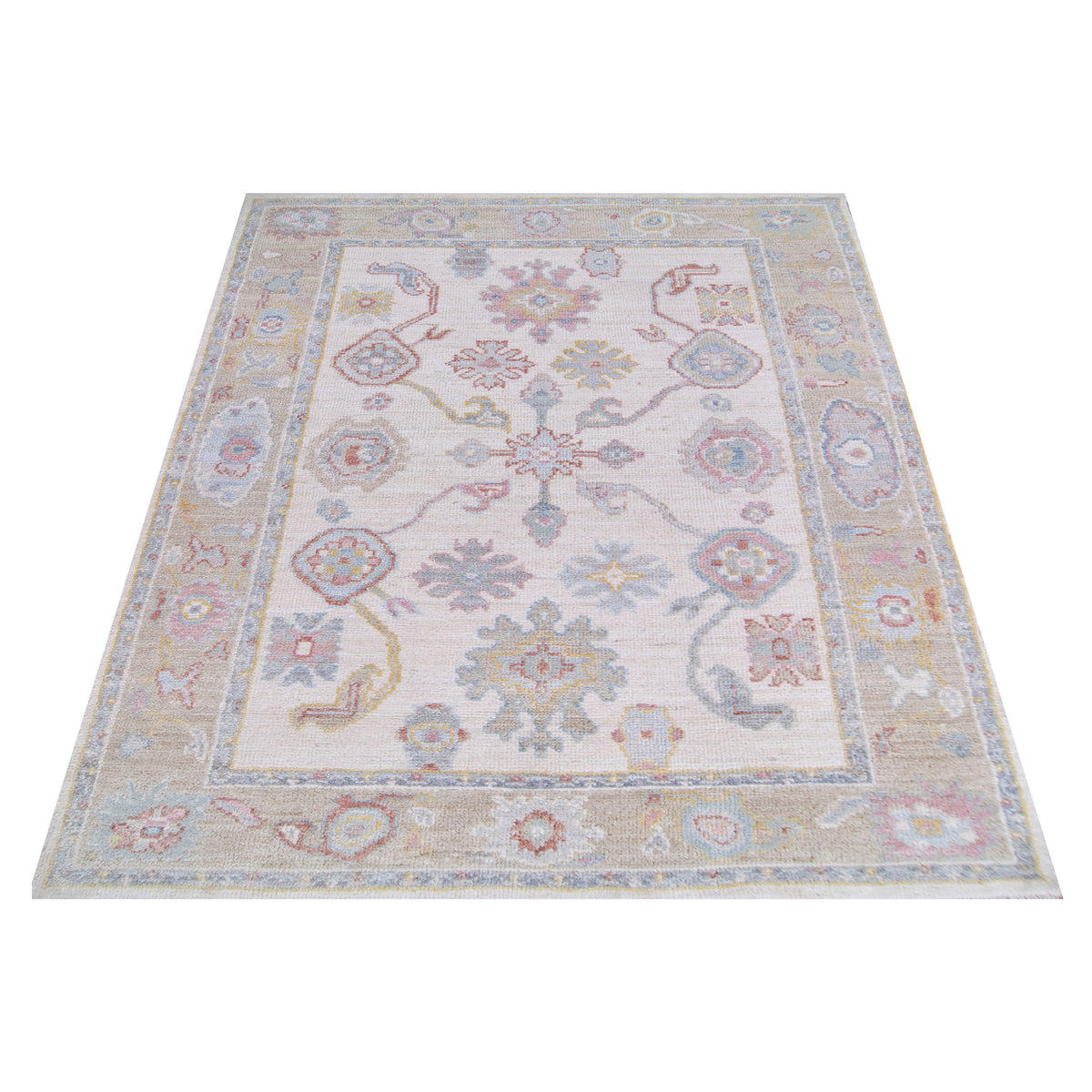 Pacific Ushak Wool Weft 42838 Ivory Beige Transitional Hand Knotted Rug