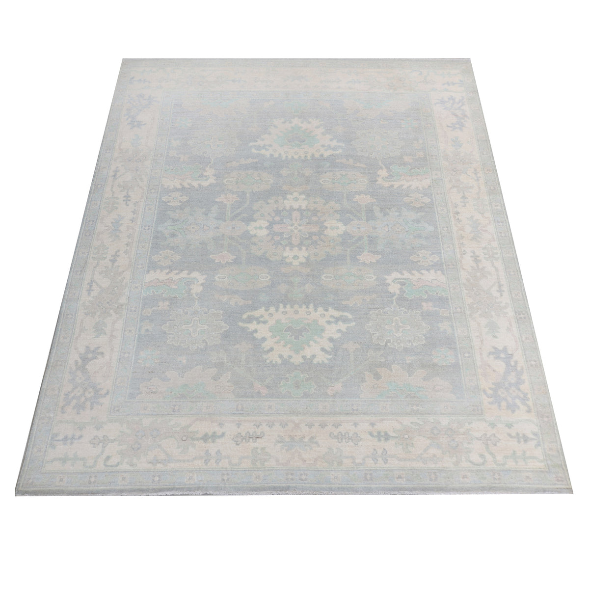 Pacific Ushak Wool Weft 43380 Grey Beige Transitional Hand Knotted Rug