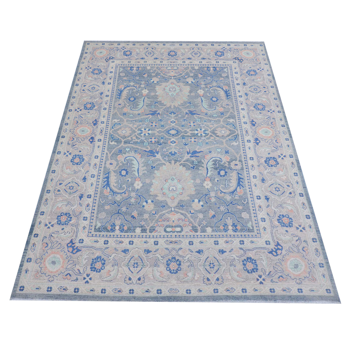 Pacific Ushak Wool Weft 43416 Grey Sky Blue Transitional Hand Knotted Rug