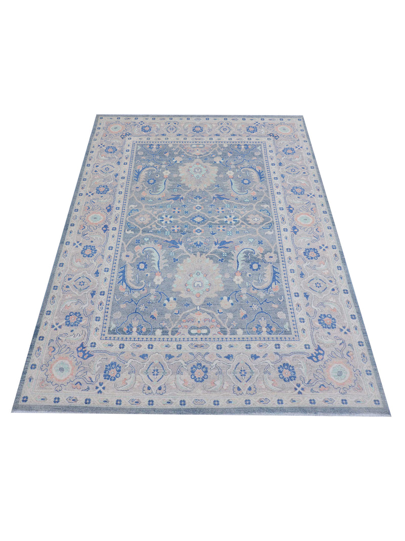 Pacific Ushak Wool Weft 43416 Grey Sky Blue Transitional Hand Knotted Rug