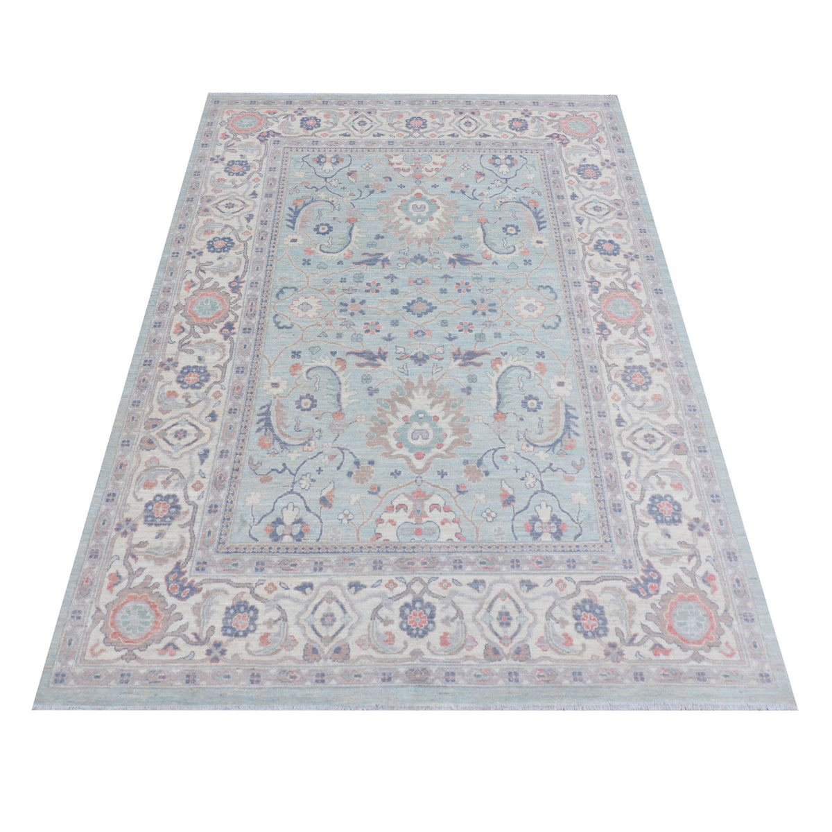 Pacific Ushak Wool Weft 43419 Grey Ivory Transitional Hand Knotted Rug