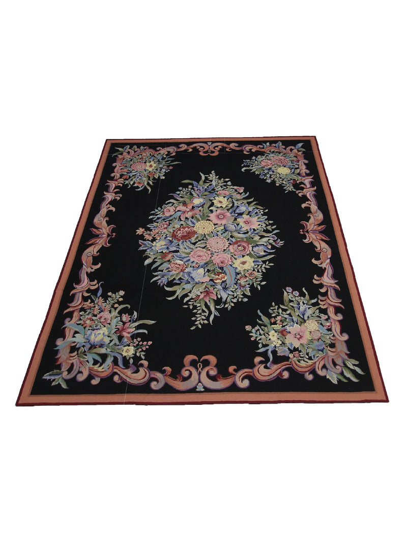 Pacific Needle Point 66817 Black Burgundy Tapestry Needle Point Rug